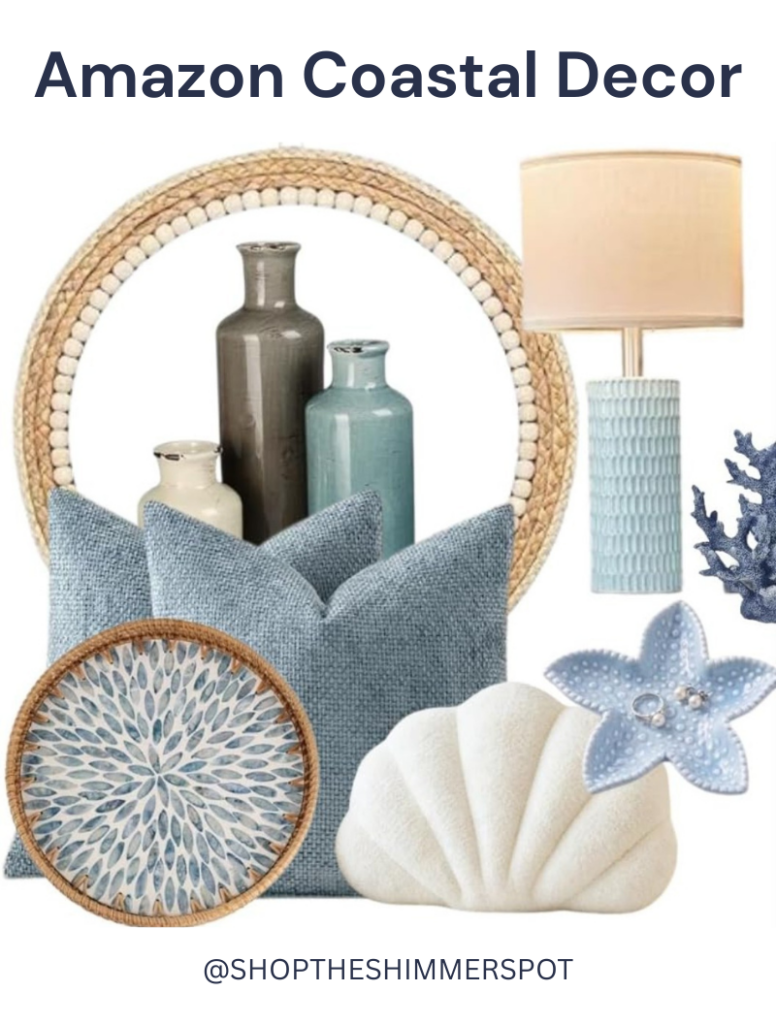 Amazon coastal decor collage featuring beach-inspired home accessories, neutral accents, woven textures, blue and white decor, and affordable coastal decorating ideas.